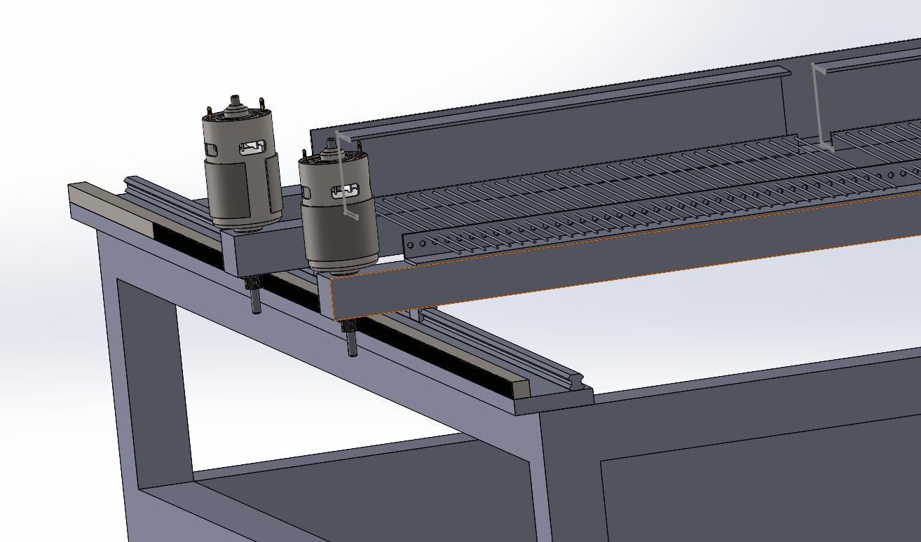 CAD close-up of the rail, rack and drive