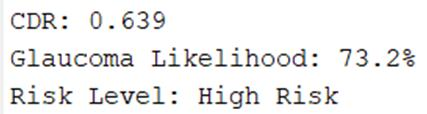 MATLAB command window showing CDR 0.639, glaucoma likelihood 73.2 percent and High risk